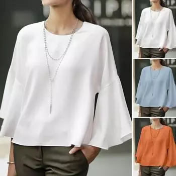 Женские повседневные топы с круглым вырезом, расклешенная футболка с длинным рукавом, однотонная свободная посадка для рабочей вечеринки L белый
