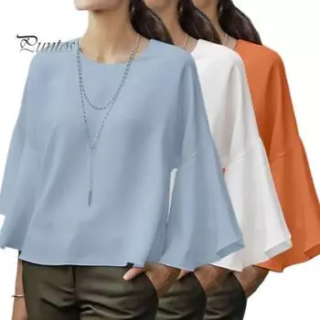 Женские повседневные топы с круглым вырезом, расклешенная футболка с длинными рукавами, однотонные свободные топы для работы, вечеринки, путешествий, уличная одежда L белый