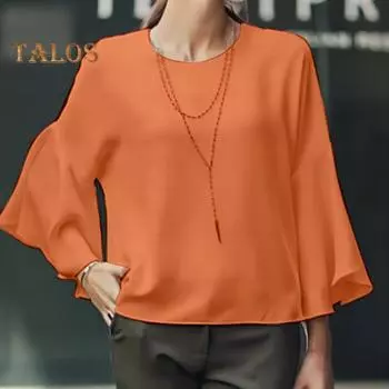 Женские повседневные топы с круглым вырезом, расклешенная футболка с длинными рукавами, однотонные свободные топы для работы, вечеринки, путешествий, уличная одежда L белый