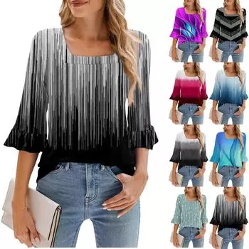 Женские повседневные топы с рукавами 3/4, летние футболки с квадратным вырезом, свободные туники с рюшами, блузки-туники XL синий