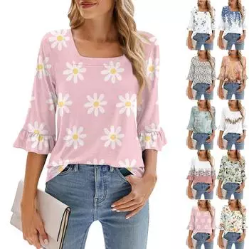 Женские повседневные топы с рукавами 3/4, летние футболки с квадратным вырезом, свободные туники с рюшами, блузки-туники L
