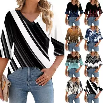 Женские повседневные топы с рукавами 3/4, летние футболки с v-образным вырезом и пышными рукавами XXXL циан