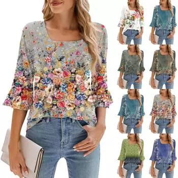 Женские повседневные топы с рукавами 3/4, летняя футболка с квадратным вырезом и пышными рукавами, топы с цветочным принтом XXL