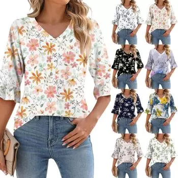 Женские повседневные топы с рукавами 3/4, летние футболки с v-образным вырезом и пышными рукавами L хаки