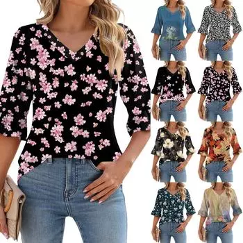 Женские повседневные топы с рукавами 3/4, летние футболки с v-образным вырезом и пышными рукавами XXL золотой