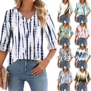 Женские повседневные топы с рукавами 3/4, летние футболки с v-образным вырезом и пышными рукавами XL синий