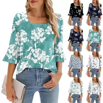 Женские повседневные топы с рукавами 3/4, летняя футболка с квадратным вырезом и пышными рукавами, топы с цветочным принтом M