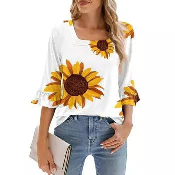 Женские повседневные топы с рукавами 3/4, летняя футболка с квадратным вырезом и пышными рукавами, топы с цветочным принтом L чёрный