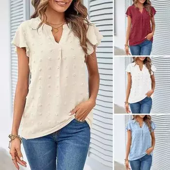 Женские повседневные топы с v-образным вырезом и рюшами, жаккардовый декор с короткими рукавами, свободный крой, однотонные пуловеры, топы, уличная одежда 2XL небесно-голубой