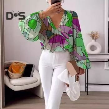 Женские повседневные топы с v-образным вырезом, пуловеры с длинными рукавами и фонариками, свободные футболки с цветным принтом, уличная одежда L светло-зеленый