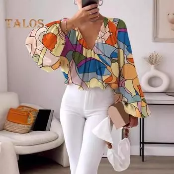 Женские повседневные топы с v-образным вырезом, пуловеры с длинными рукавами и фонариками, свободные футболки с цветным принтом, уличная одежда L светло-зеленый