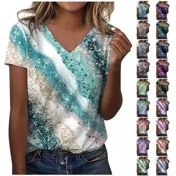 Женские повседневные топы с v-образным вырезом, футболка с коротким рукавом, летняя футболка с принтом, топ