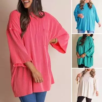 Женские повседневные топы, свободная футболка с круглым вырезом и длинными рукавами, однотонная эластичная футболка с накладным карманом M арбуз красный