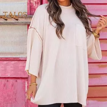 Женские повседневные топы, свободный крой с круглым вырезом и длинными рукавами, футболка с накладным карманом, однотонный эластичный пуловер, топы M арбуз красный