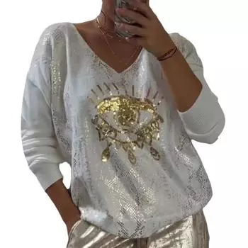 Женские повседневные топы, толстовка с круглым вырезом и длинными рукавами, обычный крой, пуловер с блестками и декором в виде глаз, пуловер с горячим тиснением, топы 2XL