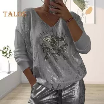 Женские повседневные топы, толстовка с круглым вырезом и длинными рукавами, обычный крой, пуловер с блестками и декором в виде глаз, пуловер с горячим тиснением, топы M белый