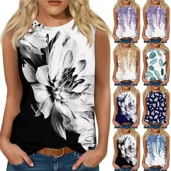 Женские повседневные топы-туники для ношения с леггинсами Летние рубашки без рукавов с принтом Майки Блузки L чёрный