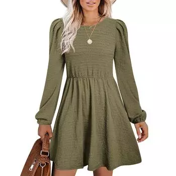 Женские повседневные трикотажные платья с длинным рукавом и высокой талией, длиной до колена и круглым вырезом L армия зеленый