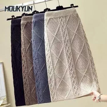 Женские повседневные трикотажные юбки зимние с высокой талией средней длины шерстяная юбка с запахом до бедер женская One Size абрикосовый