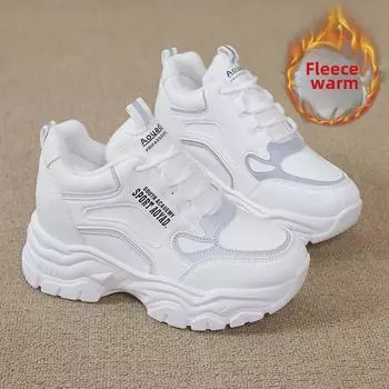 Женские повседневные туфли из бархата на толстой подошве, визуально увеличивающие рост — легкие, удобные, идеально подходят для занятий спортом и бега осенью/зимой. 36 белый