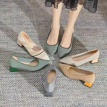 Женские повседневные туфли-лодочки Удобные туфли на массивном блочном каблуке Мокасины с острым носком Трикотажные рабочие туфли-лодочки на низком каблуке Нескользящие туфли для женщин 34