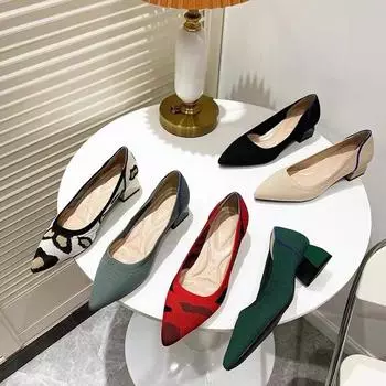 Женские повседневные туфли-лодочки Удобные туфли на массивном блочном каблуке Мокасины с острым носком Трикотажные рабочие туфли-лодочки на низком каблуке Нескользящие туфли для женщин 34 красный