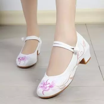 Женские повседневные туфли Мэри Джейн, дышащие туфли на низком каблуке с круглым носком, вышитые туфли-лодочки Мэри Джейн на толстом блочном каблуке с ремешком на щиколотке для женщин 35 белый