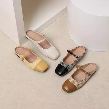 Женские повседневные туфли Мэри Джейн на плоской подошве с открытой спиной, шлепанцы с квадратным закрытым носком, балетки на плоской подошве, лоферы, женские прогулочные туфли-мулы с ремешком на щиколотке, модельные туфли 35 чёрный