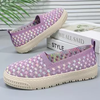 Женские повседневные туфли на плоской подошве, лоферы с круглым носком, противоскользящие дышащие прогулочные туфли, легкие нарядные туфли для женщин, удобные трикотажные туфли на плоской подошве 36