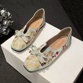 Женские повседневные туфли на плоской подошве, прогулочные лоферы, балетки с квадратным носком, без шнуровки, туфли на плоской подошве с вышивкой и бантом для женщин, удобные нарядные туфли на плоской подошве 35 абрикосовый