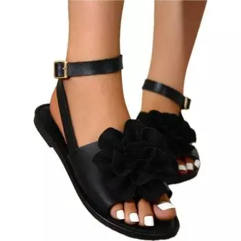 Женские повседневные туфли на плоской подошве, ремешок с пряжкой и цветочным узором, бант на щиколотке, один ремешок, модные сандалии, подходят для летнего отдыха на открытом воздухе 36 чёрный