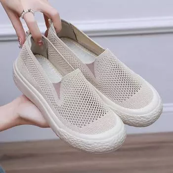 Женские повседневные туфли на плоской подошве с нескользящей сетчатой трикотажной дышащей летней прогулочной обувью, лоферы, удобные кроссовки на платформе с круглым носком, модельные туфли для женщин 35 бежевый