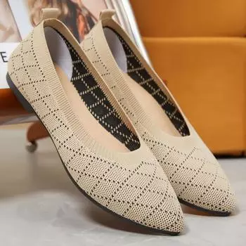 Женские повседневные туфли на плоской подошве с острым носком. Нескользящие дышащие прогулочные туфли. Легкие вязаные лоферы. Летние нарядные туфли на плоской подошве. Женские удобные балетки. 36