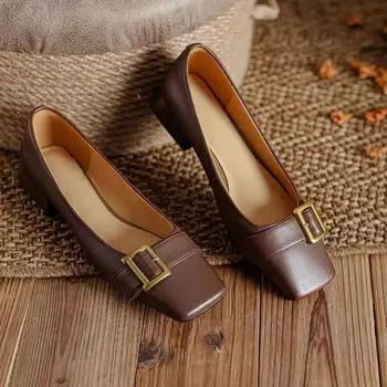 Женские повседневные туфли на плоской подошве с квадратным закрытым носком на низком толстом каблуке Туфли-лодочки Офисные удобные мокасины Женские туфли на плоской подошве Балетки 34 чёрный