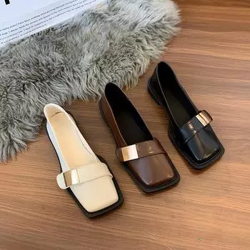 Женские повседневные туфли на плоской подошве с квадратным носком и низким блочным каблуком, модельные туфли, удобные офисные туфли-лоферы, женские балетки из искусственной кожи на платформе 35 чёрный