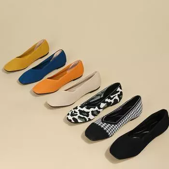 Женские повседневные туфли на плоской подошве Удобные прогулочные туфли на плоской подошве Балетки с квадратным носком Нескользящие трикотажные рабочие лоферы Легкие модельные туфли для женщин 34 чёрный
