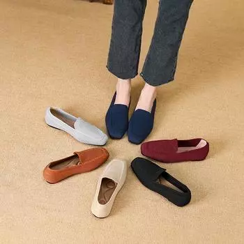 Женские повседневные туфли на плоской подошве Удобные прогулочные туфли на плоской подошве Балетки с квадратным носком Нескользящие трикотажные рабочие лоферы Легкие модельные туфли для женщин 34 абрикосовый