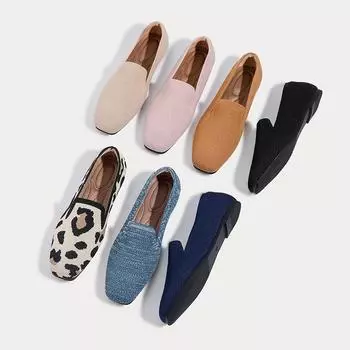 Женские повседневные туфли на плоской подошве Удобные прогулочные туфли на плоской подошве Балетки с квадратным носком Нескользящие трикотажные рабочие лоферы Легкие модельные туфли для женщин 34 цветной печати леопарда