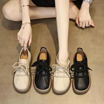 Женские повседневные туфли на шнуровке, новые кожаные женские мокасины больших размеров, осенние уличные туфли на плоской подошве с мягкой подошвой 35