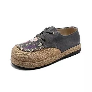 Женские повседневные туфли на шнуровке с пряжкой спереди, круглым носком, вышитые, низкие туфли из хлопка и льна на плоской подошве 35