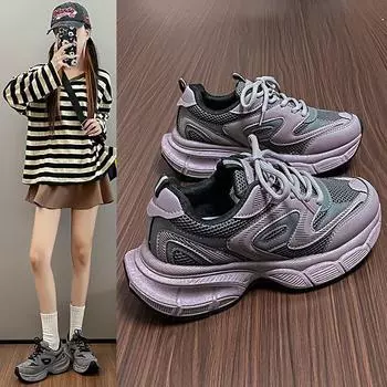 Женские повседневные туфли на толстой подошве со шнуровкой, удобные дышащие туфли в стиле темперамент 35 чёрный