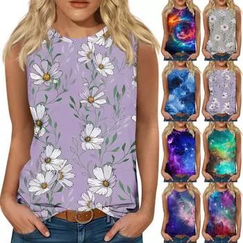 Женские повседневные туники, топы для ношения с леггинсами, летние рубашки без рукавов с принтами, майки, блузки L синий