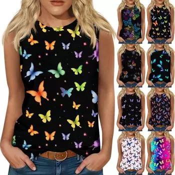 Женские повседневные туники, топы для ношения с леггинсами, летние рубашки без рукавов с принтами, майки, блузки L чёрный