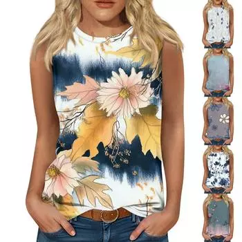Женские повседневные туники, топы для ношения с леггинсами, летние рубашки без рукавов с принтами, майки, блузки L