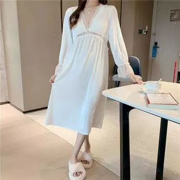Женские повседневные удобные домашние платья Four Seasons с длинным рукавом и тонким однотонным цветным V-образным вырезом 2XL