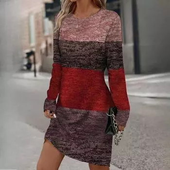 Женские повседневные удобные платья весна-осень с круглым вырезом и длинным рукавом S коричневый