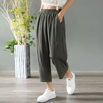 Женские повседневные укороченные брюки из хлопка и конопли с высокой талией и карманом L армия зеленый