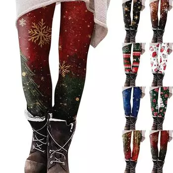 Женские повседневные уличные брюки с рождественским узором, облегающие эластичные укороченные брюки для йоги L чёрный