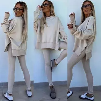 Женские повседневные узкие брюки свободный свитер комплект из двух предметов S абрикосовый