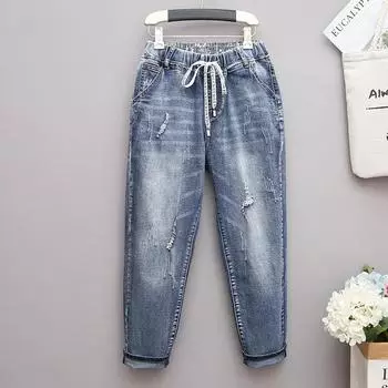 Женские повседневные винтажные джинсовые шаровары с высокой талией и эластичной резинкой на талии, большие размеры L чёрный